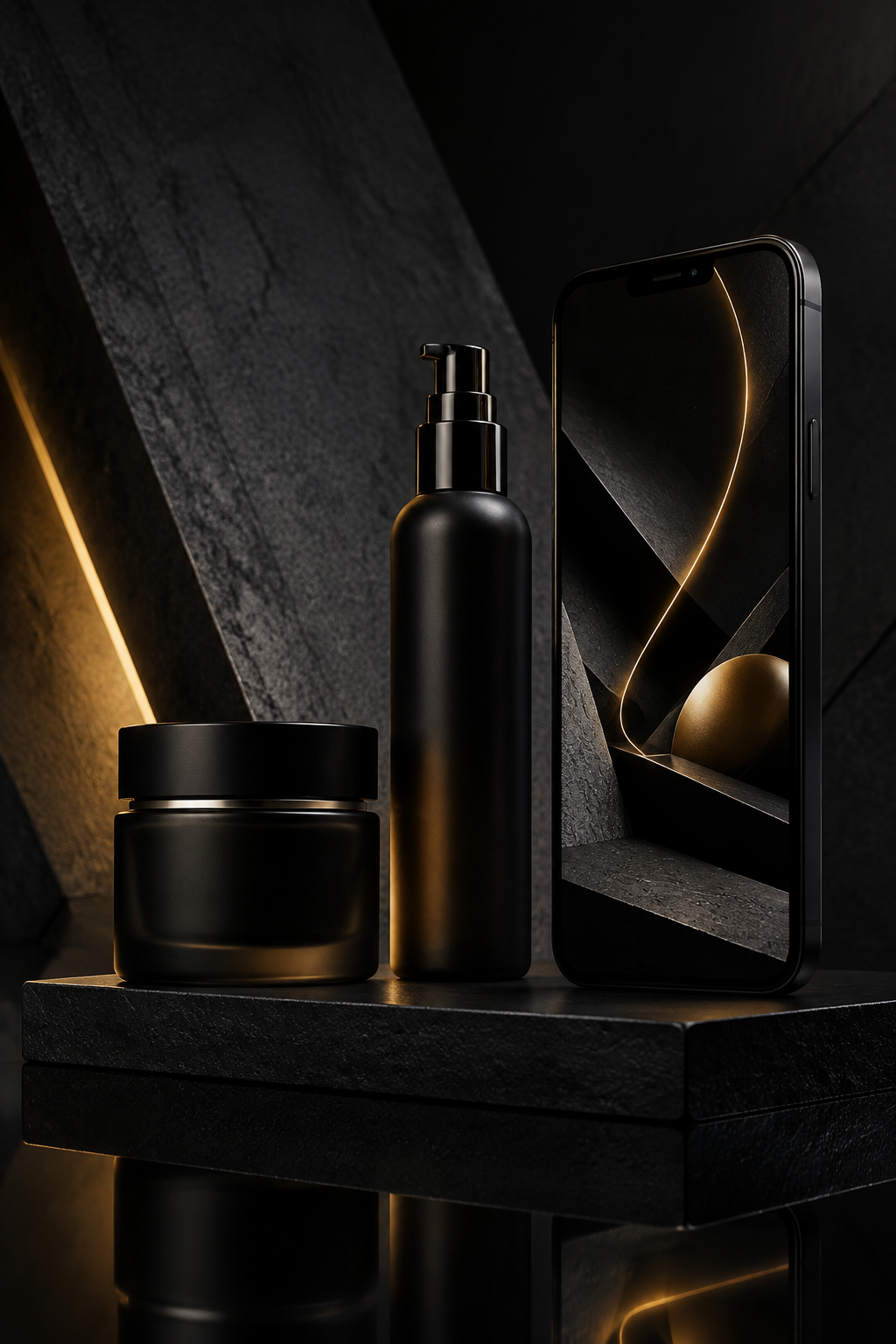 Premium skincare products staged beside a mobile advertising experience